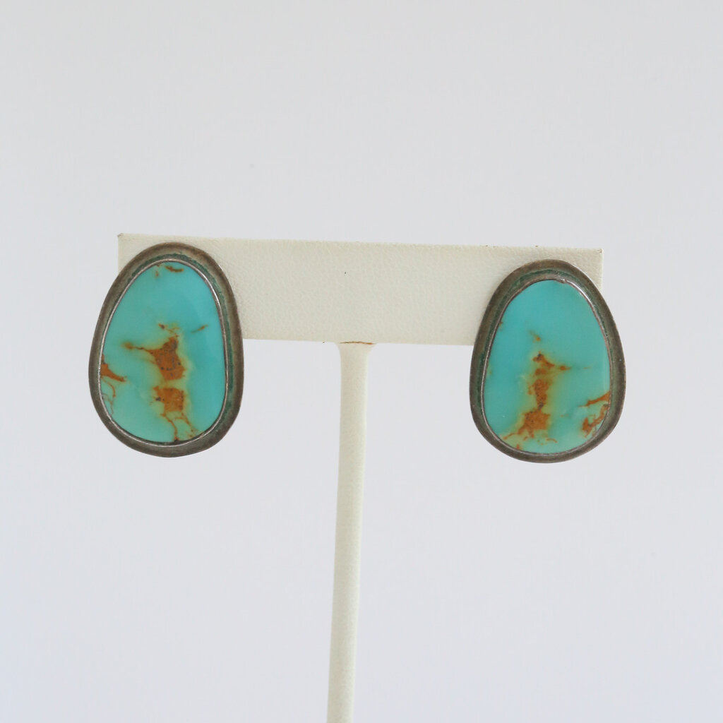 American Jewelry ESTATE Sterling Silver Turquoise Slab Bezel Earrings