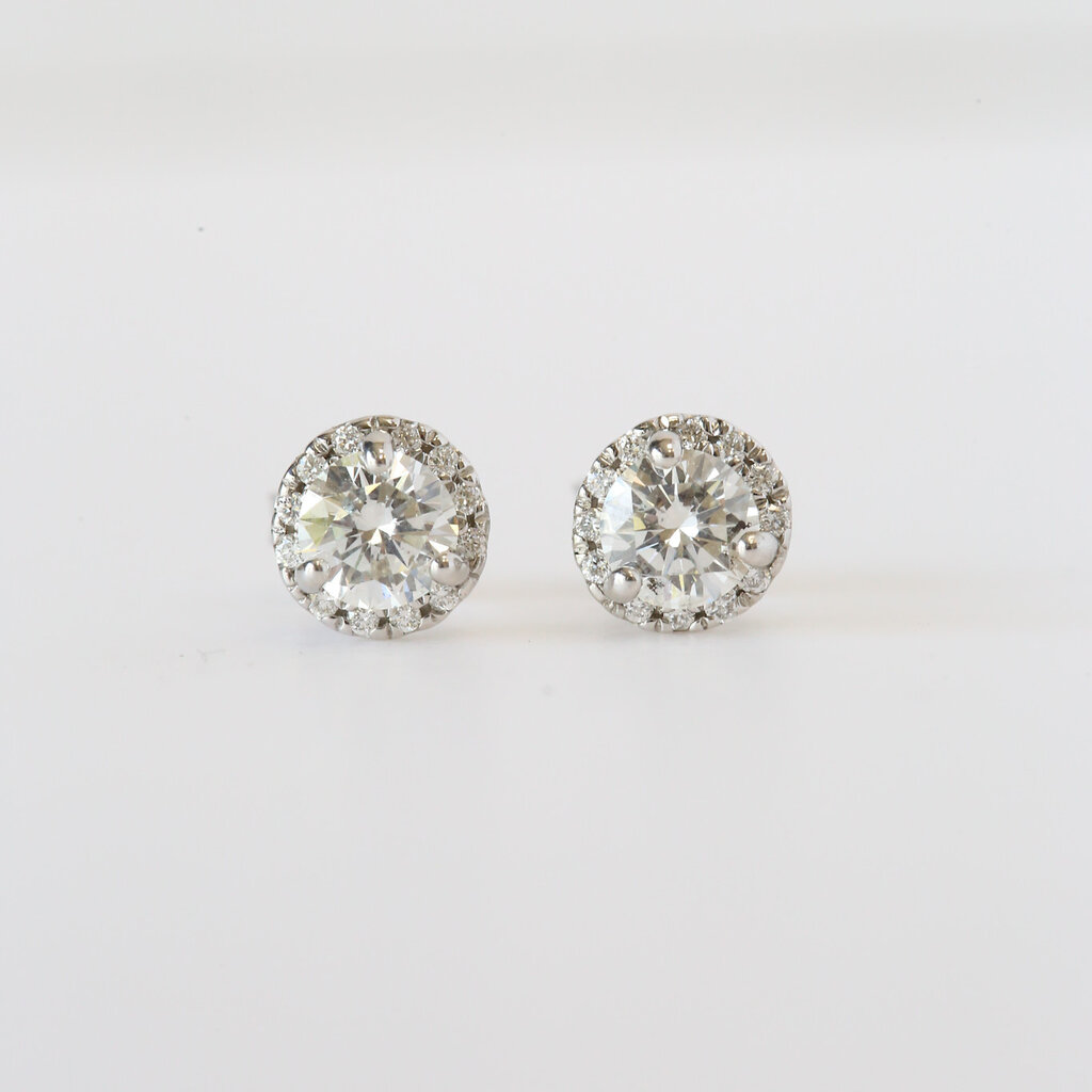 14k White Gold 1.24ctw Round Diamond Halo Stud Earrings