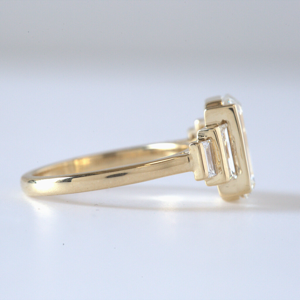14k Yellow Gold 4.30ctw (3.59 F/VVS2 IGI Center) Emerald Lab Grown 5-Stone Half Bezel Diamond Engagement Ring Size 7.25