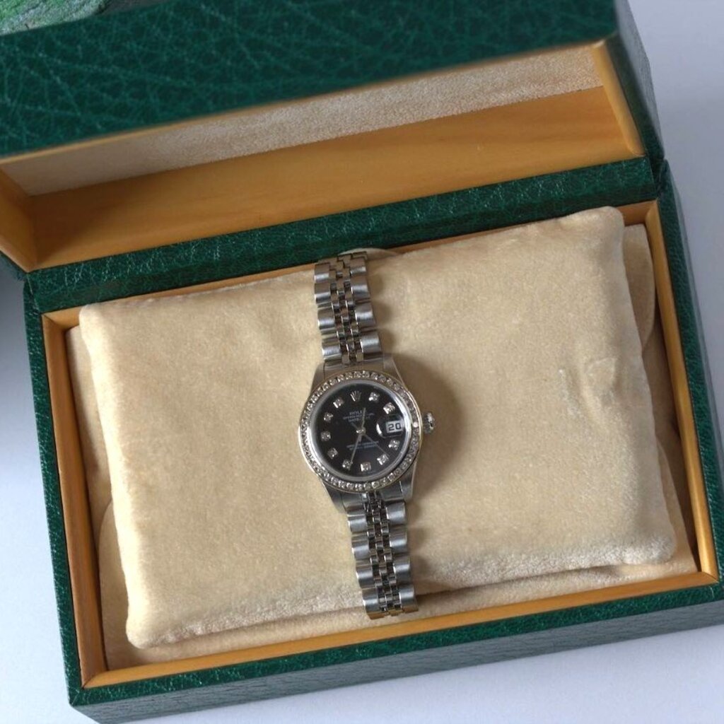 Rolex Rolex Stainless Steel Ladies 26mm Datejust Diamond Bezel with Black Diamond Dial