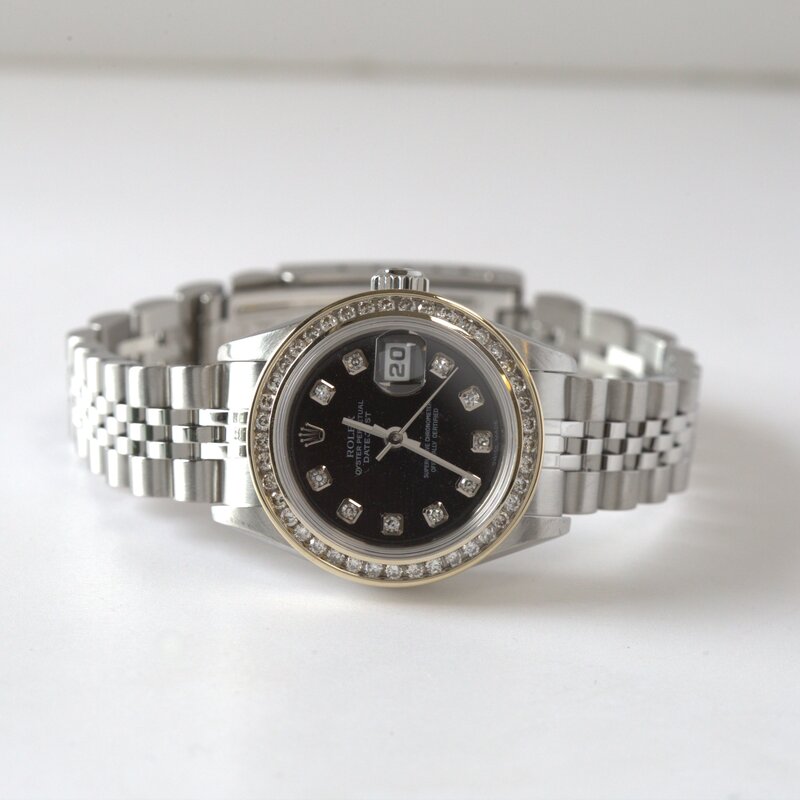 Rolex Rolex Stainless Steel Ladies 26mm Datejust Diamond Bezel with Black Diamond Dial