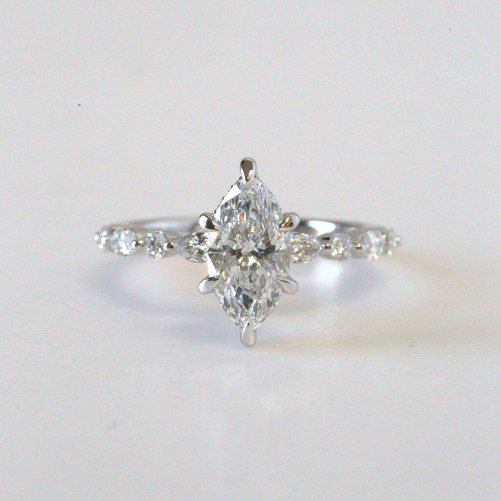 14k White Gold 1.51ct D/VS1 IGI Lab Grown Marquise Hidden Halo Solitaire Engagement Ring w/ Alternating Diamond Shank (Size 7)