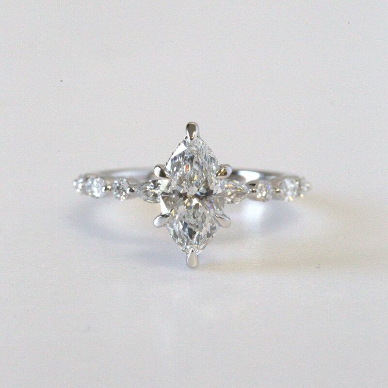 14k White Gold 1.51ct D/VS1 IGI Lab Grown Marquise Hidden Halo Solitaire Engagement Ring w/ Alternating Diamond Shank (Size 7)