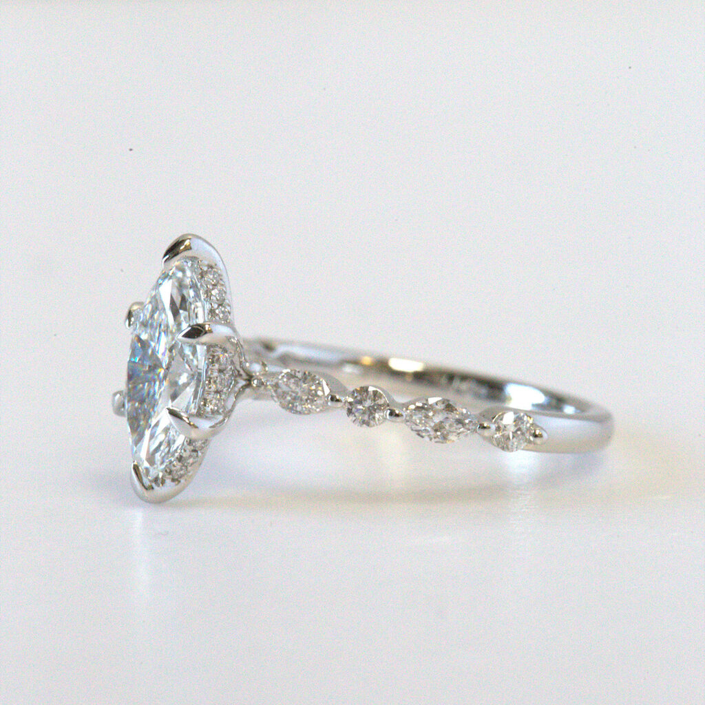 14k White Gold 1.51ct D/VS1 IGI Lab Grown Marquise Hidden Halo Solitaire Engagement Ring w/ Alternating Diamond Shank (Size 7)