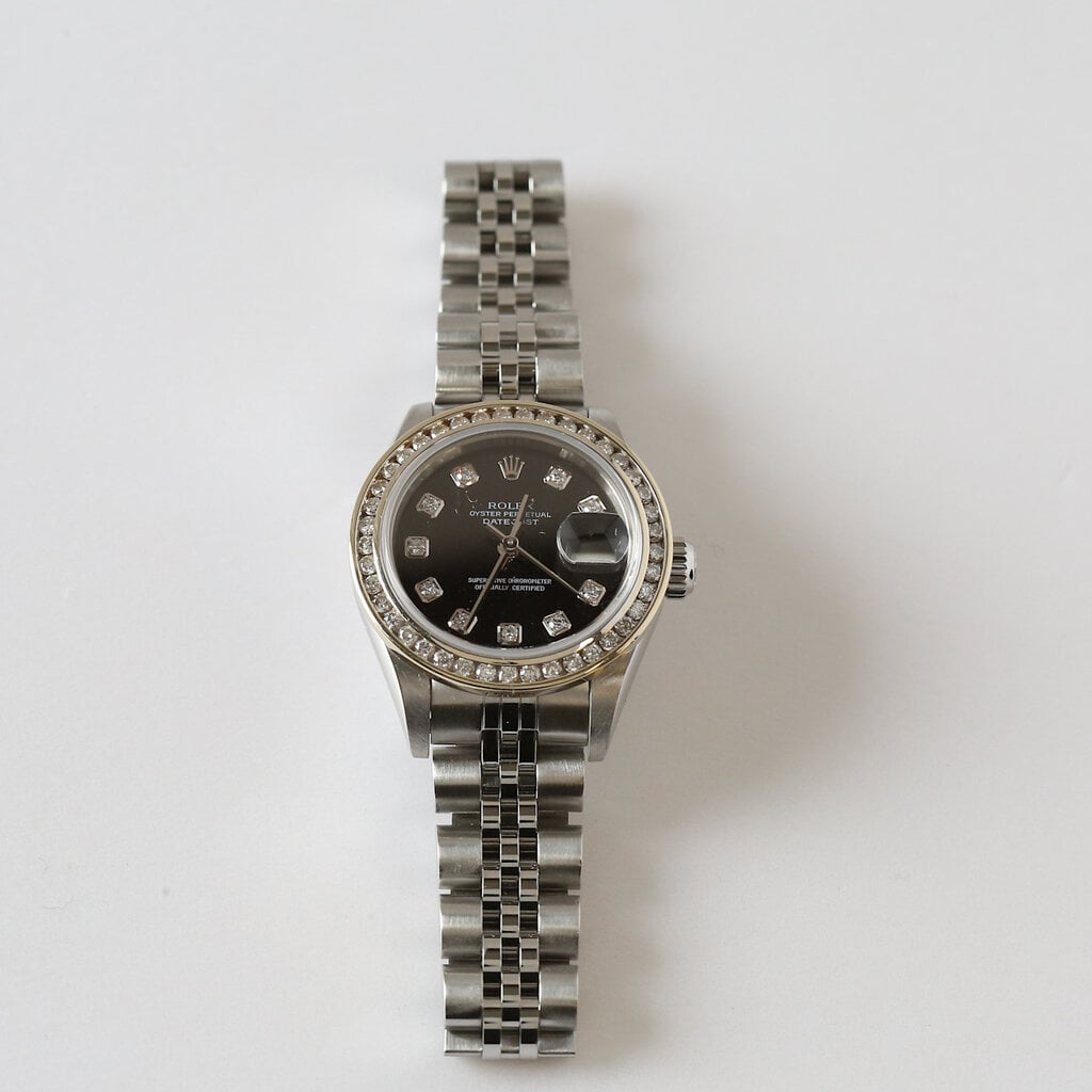 Rolex Rolex Stainless Steel Ladies 26mm Datejust Diamond Bezel with Black Diamond Dial