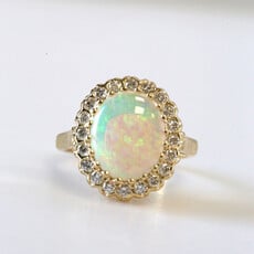 American Jewelry ESTATE 14k Yellow Gold .60ctw Diamond and 12x10mm Opal Halo Ring (Size 6.5)