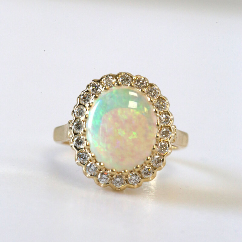 American Jewelry ESTATE 14k Yellow Gold .60ctw Diamond and 12x10mm Opal Halo Ring (Size 6.5)
