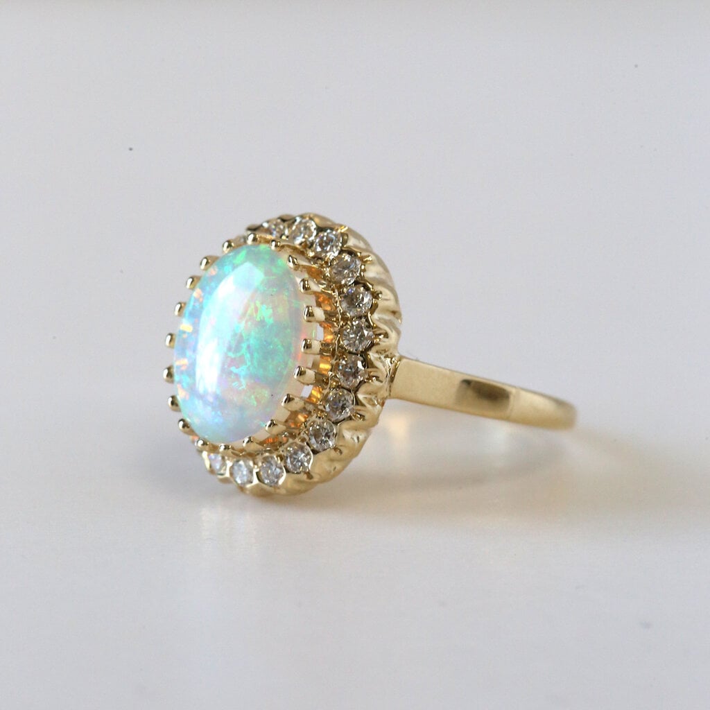 American Jewelry ESTATE 14k Yellow Gold .60ctw Diamond and 12x10mm Opal Halo Ring (Size 6.5)