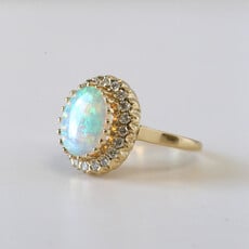 American Jewelry ESTATE 14k Yellow Gold .60ctw Diamond and 12x10mm Opal Halo Ring (Size 6.5)