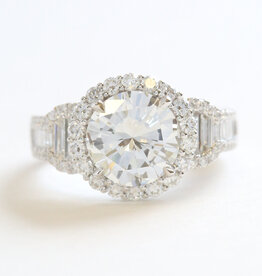American Jewelry 18k White Gold 4.22ctw (3.00 I/VS1 GIA Ctr) Round Diamond Accented Baguette Halo Engagement Ring
