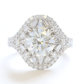 American Jewelry 18k White Gold 3.58ctw (2.55 I/SI2 Ctr) Round Diamond Vintage Style Baguette Accented Engagement Ring