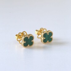 18k Yellow Gold 3ctw Malachite Clover Milgrain Detail Stud Earrings