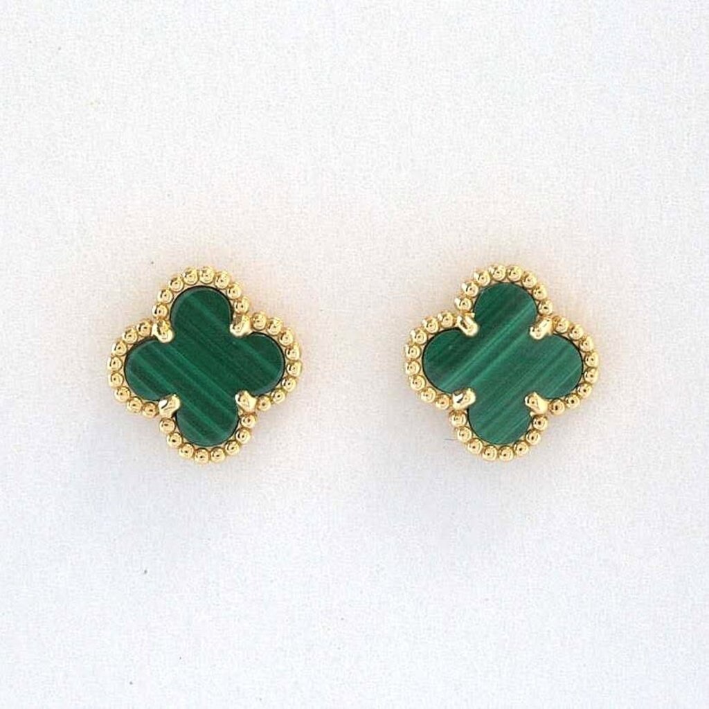 18k Yellow Gold 3ctw Malachite Clover Milgrain Detail Stud Earrings