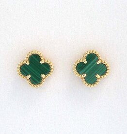 18k Yellow Gold 3ctw Malachite Clover Milgrain Detail Stud Earrings