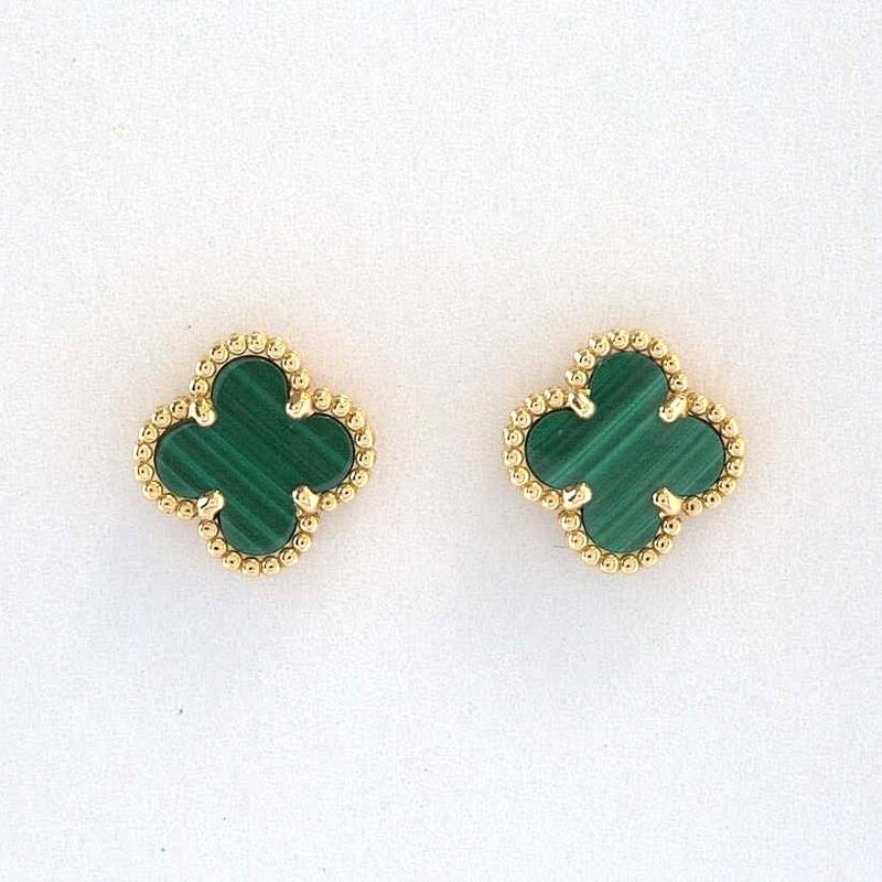 18k Yellow Gold 3ctw Malachite Clover Milgrain Detail Stud Earrings