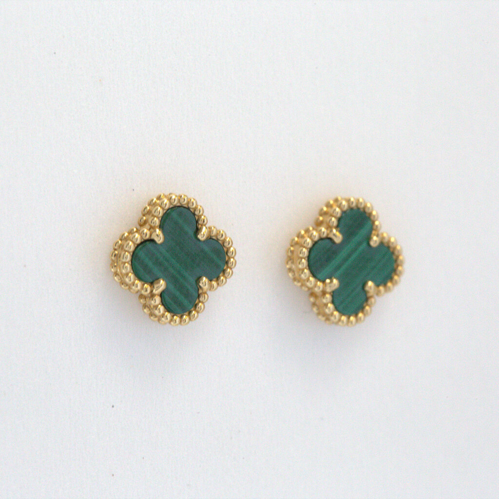 18k Yellow Gold 3ctw Malachite Clover Milgrain Detail Stud Earrings