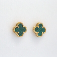 18k Yellow Gold 3ctw Malachite Clover Milgrain Detail Stud Earrings