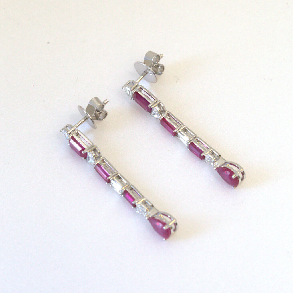 American Jewelry 18k White Gold 1.00ctw Diamond & 4.56ctw Ruby Baguette Dangle Stud Earrings