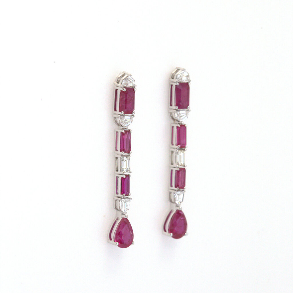 American Jewelry 18k White Gold 1.00ctw Diamond & 4.56ctw Ruby Baguette Dangle Stud Earrings