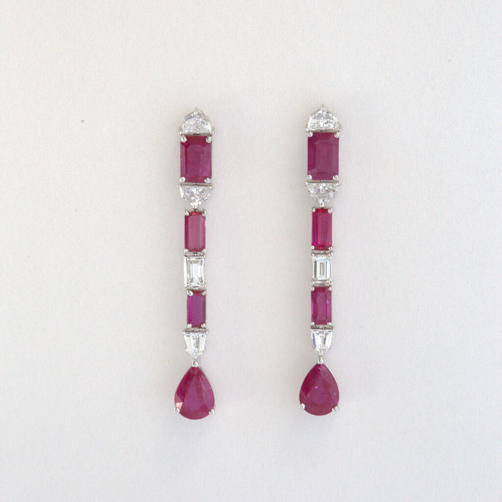 American Jewelry 18k White Gold 1.00ctw Diamond & 4.56ctw Ruby Baguette Dangle Stud Earrings
