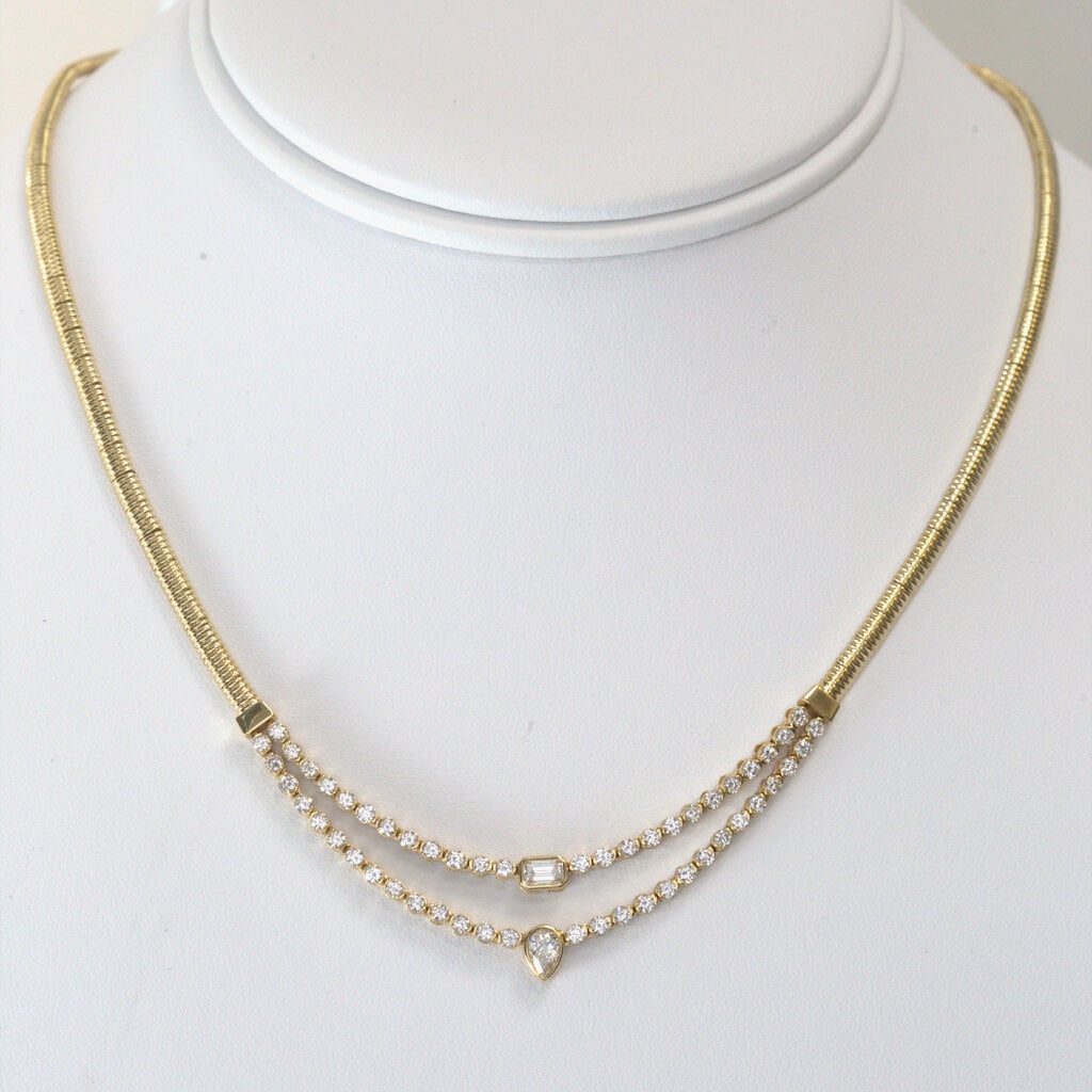 American Jewelry 14k Yellow Gold 2.12ctw Pear, Emerald & Round Diamond Station Chain Necklace (16")
