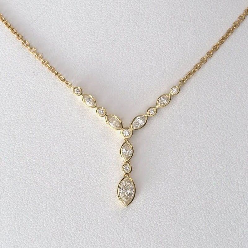 American Jewelry 14k Yellow Gold 0.66ctw Marquise & Round Bezel Set Chain Necklace (14"-18")