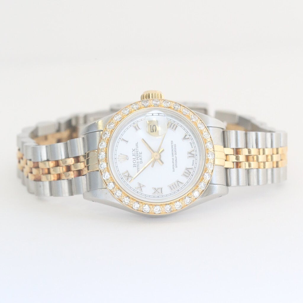 Rolex Pre-Owned Two Tone Oyster Perpetual Date Watch w/ Diamond Bezel
