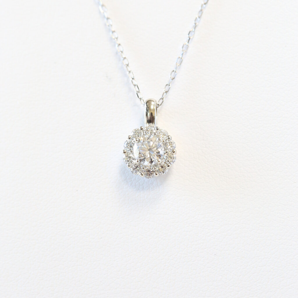 14k White Gold 5/8ctw Lab Grown Round Diamond Halo Necklace (18")