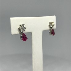 18K White Gen Ruby and Dia Accent Dangle Post Earrings