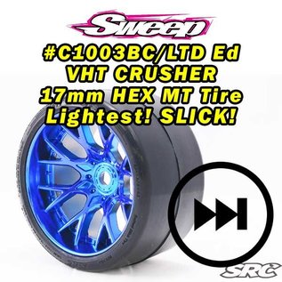 SWEEP C1003BC  MT VHT Crusher Belted Slick Tires preglued on WHD Blue Chrome wheel (2)