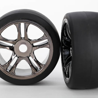 Traxxas TRA6477 S1 Slick Rear Tires on Split-spoke Black Chrome Wheels XO-1 (2)