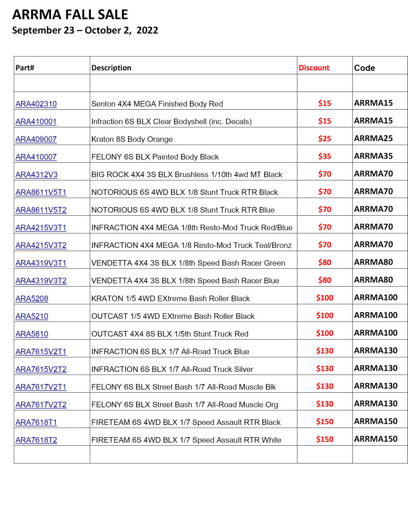 Arrma Fall Sale