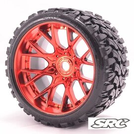 SWEEP C1002RC Monster Truck Terrain Crusher Belted tire preglued on WHD Red Chrome wheel 2pc set