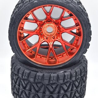 SWEEP C1004RC Land Crusher Belted Tires preglued on Red Chrome Wheels 2pcs set