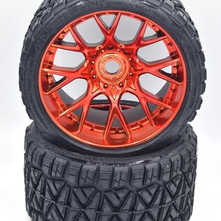 SWEEP C1004RC Monster Truck Terrain Crusher Belted tire preglued on WHD Red Chrome wheel 2pc set