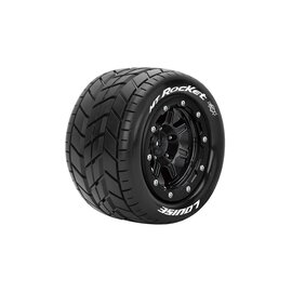 Louise RC LOULT3328SB  MFT MT-Rocket 1/10 Monster Truck Tires, 1/2" Offset, 17mm Hex, Soft, Mounted on Black Rim (2)