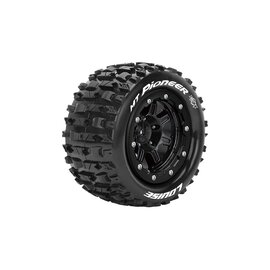 Louise RC LOULT3329SB  MFT MT-Pioneer 1/10 Monster Truck Tires, 1/2" Offset, 17mm Hex, Soft, Mounted on Black Rim (2)