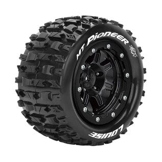 Louise RC LOULT3329SB  MFT MT-Pioneer 1/10 Monster Truck Tires, 1/2" Offset, 17mm Hex, Soft, Mounted on Black Rim (2)