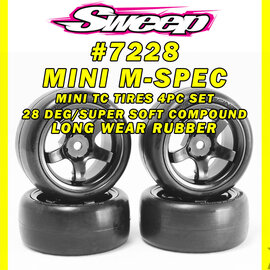 SWEEP SWP7228513P  Sweep Minis 28deg M-SPEC Rubber Tires (4) set on Black pre-glued Wheels