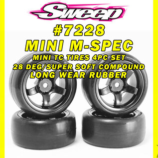SWEEP SWP7228513P  Sweep Minis 28deg M-SPEC Rubber Tires (4) set on Black pre-glued Wheels