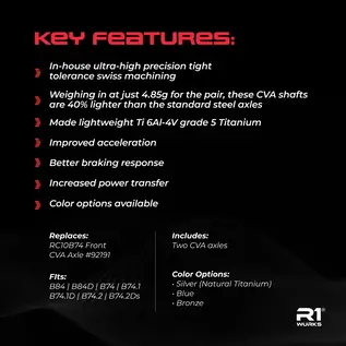 R1wurks 900177-1 R1WURKS (B74 / B84 Series) Ultra Lightweight Front CVA Axle, Titanium (Blue)