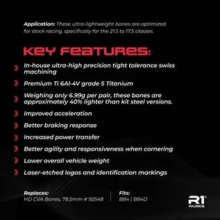 R1wurks 900205 R1WURKS (B84 Series) Ultra-lightweight Titanium HD CVA Bones, 78.5mm