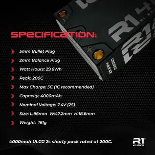 R1wurks 030060 R1WURKS 4000mah 200C 7.4V 2S ULCG Shorty w/ 5mm