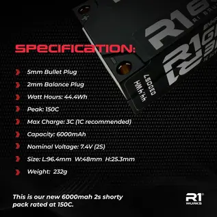 R1wurks 030057 R1WURKS 6000mah 150C 7.4V 2s Shorty w/ 5mm