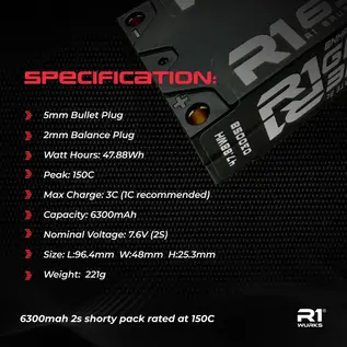 R1wurks 030058 R1WURKS 6300mah 150C 7.6V 2s Shorty w/ 5mm