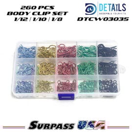 Surpass Hobby USA DTCW03035 Hobby Details 260pcs Body Clip Set 1/12, 1/10, 1/8 Assorted Colors