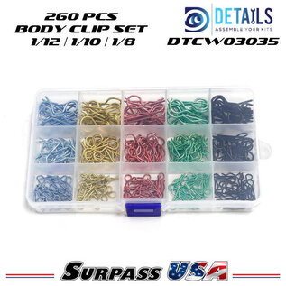Surpass Hobby USA DTCW03035 Hobby Details 260pcs Body Clip Set 1/12, 1/10, 1/8 Assorted Colors