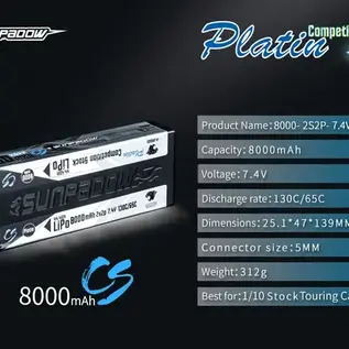 Sunpadow JA0003  Sunpadow 7.4V 8000mAh 130C/65C LiPo Battery Platin Series 5MM Plug