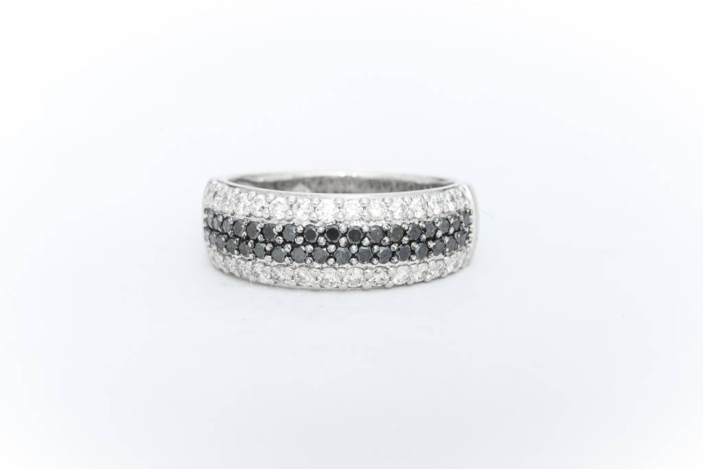 Ladies Black and White Diamond 4 Row Ring White Gold 14k