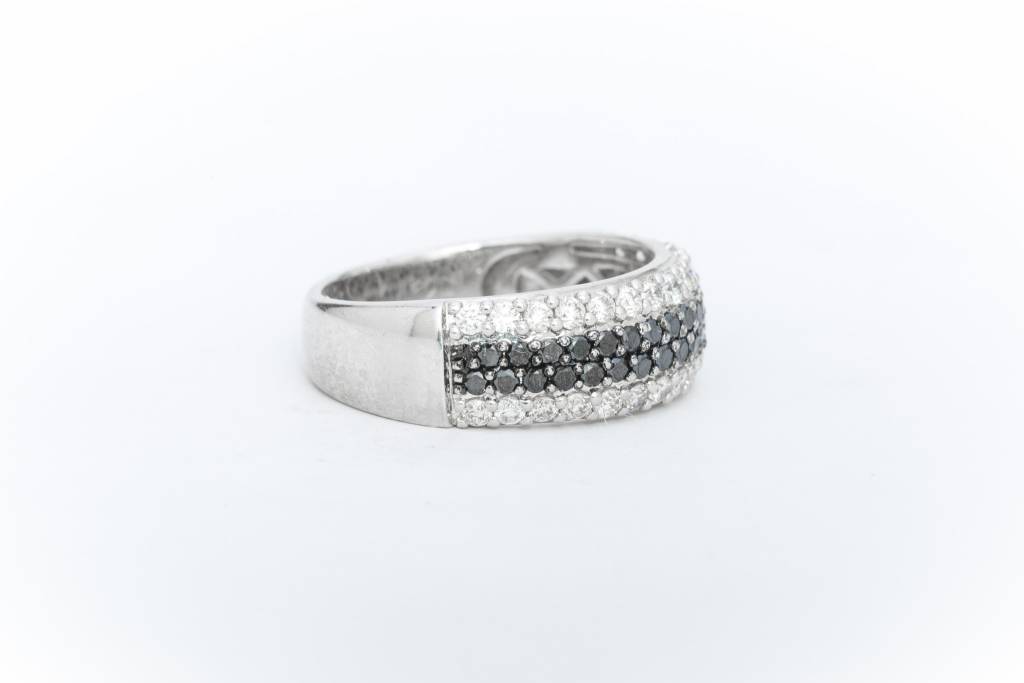 Ladies Black and White Diamond 4 Row Ring White Gold 14k